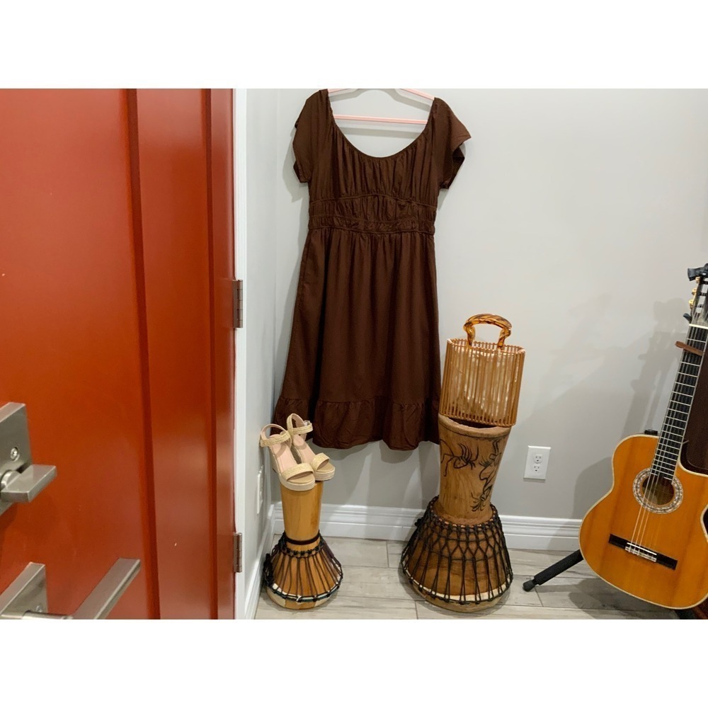 Brown Smocked Empire Waist Midi Dress Scoop Neck Ruffle Hem Short Sleeve Brown